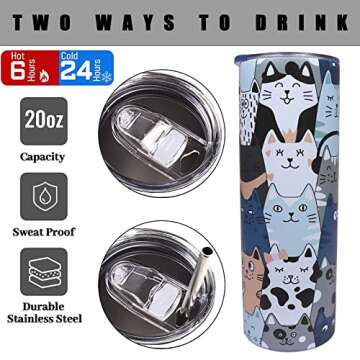 IchDich Cat Tumbler With Lid and Straw 20 oz Insulated Cat Tumbler Stainless Steel Cat Skinny Tumbler Water Bottle Travel Mug Wine Cups Cat Tumblers for Cat Lovers Gifts for Women