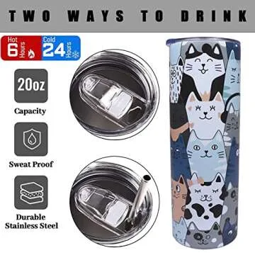IchDich Cat Tumbler With Lid and Straw 20 oz Insulated Cat Tumbler Stainless Steel Cat Skinny Tumbler Water Bottle Travel Mug Wine Cups Cat Tumblers for Cat Lovers Gifts for Women