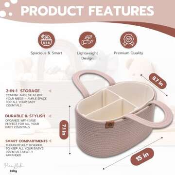 PeraBella Baby Diaper Caddy Organizer Girl, Nursery Storage Rope Baby Basket, Changing Table Organiz...