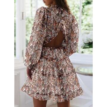 Dokotoo Womens Sun Casual V Neckline Long Sleeve Open Back Floral Print Mini Dress Bohemian Fashion ...