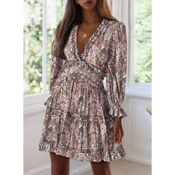 Dokotoo Womens Sun Casual V Neckline Long Sleeve Open Back Floral Print Mini Dress Bohemian Fashion Skater A Line Ruffle Hem Beach Dresses Khaki Medium