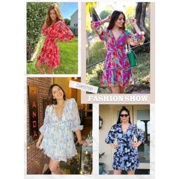 Dokotoo Womens Sun Casual V Neckline Long Sleeve Open Back Floral Print Mini Dress Bohemian Fashion Skater A Line Ruffle Hem Beach Dresses Khaki Medium