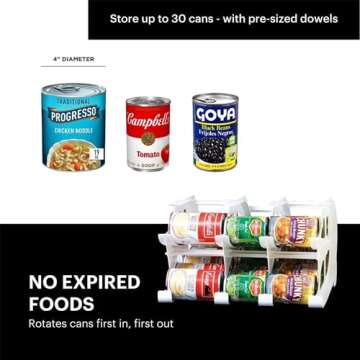 FIFO Countertop Mini Can Tracker Holds 30 Standard 10-24 Oz Can Sizes, White| Stackable & Adjustable Can Organizer for Pantry, USA Made, White