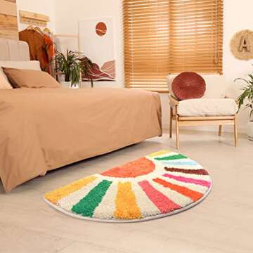 Foeacry Retro Sun Bath Mat Non-Slip Half Circle Colorful Boho Rug for Bathroom, Soft Fluffy Water Absorbent Fiber Bathroom Mat, Cute Semi Round Rainbow Bath Rug for Shower Room