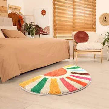 Foeacry Retro Sun Bath Mat Non-Slip Half Circle Colorful Boho Rug for Bathroom, Soft Fluffy Water Absorbent Fiber Bathroom Mat, Cute Semi Round Rainbow Bath Rug for Shower Room