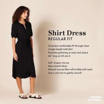 Amazon Essentials Women's Relaxed Fit Half-Sleeve Waisted Midi A-Line Dress, Black, Small