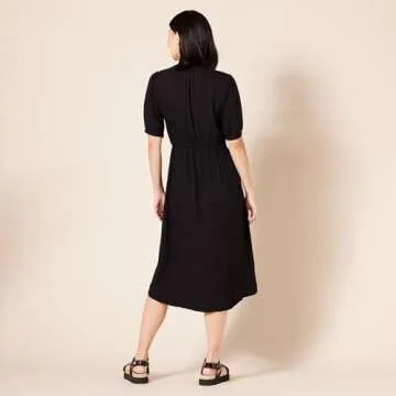 Amazon Essentials Women's Relaxed Fit Half-Sleeve Waisted Midi A-Line Dress, Black, Small