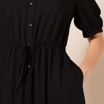 Amazon Essentials Women's Relaxed Fit Half-Sleeve Waisted Midi A-Line Dress, Black, Small