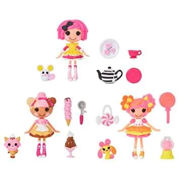 Lalaloopsy Mini Sweets Fair- Multi Pack Three 3" Dolls & 3 Pets with Crumbs Cookie, Scoops Waffle Cone & Sweetie Candy Ribbon Plus Adorable Accessories & Reusable Package playset, for Ages 3-103