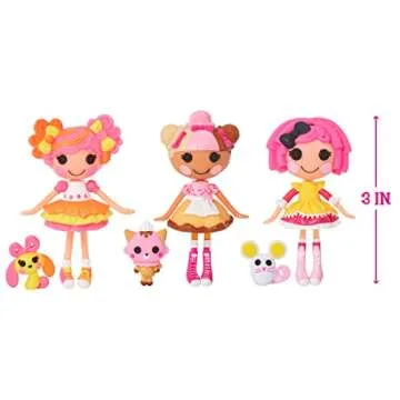 Lalaloopsy Mini Sweets Fair- Multi Pack Three 3" Dolls & 3 Pets with Crumbs Cookie, Scoops Waffle Cone & Sweetie Candy Ribbon Plus Adorable Accessories & Reusable Package playset, for Ages 3-103