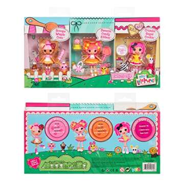 Lalaloopsy Mini Sweets Fair- Multi Pack Three 3" Dolls & 3 Pets with Crumbs Cookie, Scoops Waffle Cone & Sweetie Candy Ribbon Plus Adorable Accessories & Reusable Package playset, for Ages 3-103