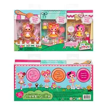 Lalaloopsy Mini Sweets Fair- Multi Pack Three 3" Dolls & 3 Pets with Crumbs Cookie, Scoops Waffle Cone & Sweetie Candy Ribbon Plus Adorable Accessories & Reusable Package playset, for Ages 3-103