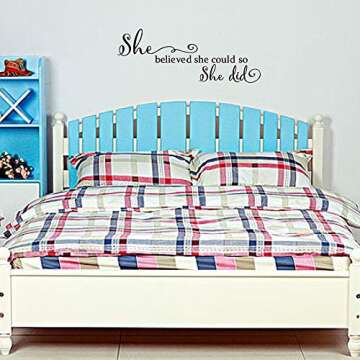 She Believed She Could so She Did - Pure Black Vinyl Wall Decal Carved Letters Girls Inspirational Quote Positive Kids Saying Sticker Home Art Decoration