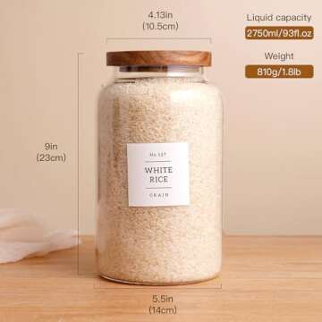 CZHQSMZ Set of 2 Large Glass Jar with Airtight Acacia Lid and 132 Kitchen Pantry Labels, Clear Glass Food Storage Jars Containers for Rice Flour Pasta Sugar Coffee Cookie and More(98 Fl Oz/2800 Ml)