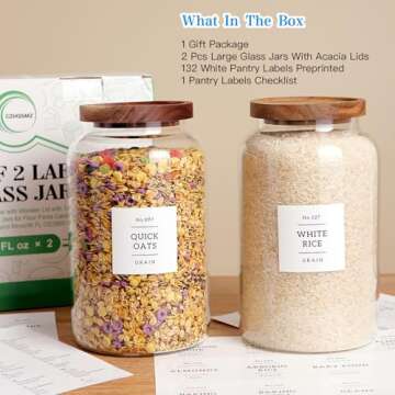 CZHQSMZ Set of 2 Large Glass Jar with Airtight Acacia Lid and 132 Kitchen Pantry Labels, Clear Glass Food Storage Jars Containers for Rice Flour Pasta Sugar Coffee Cookie and More(98 Fl Oz/2800 Ml)