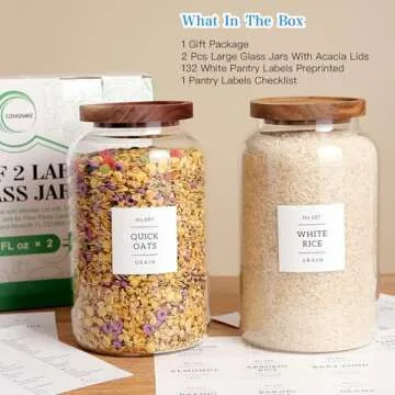 CZHQSMZ Set of 2 Large Glass Jar with Airtight Acacia Lid and 132 Kitchen Pantry Labels, Clear Glass Food Storage Jars Containers for Rice Flour Pasta Sugar Coffee Cookie and More(98 Fl Oz/2800 Ml)