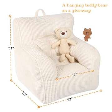 MOMCAYWEX Kids Bean Bag Chair with a Plush Bear, Comfy Toddler Chair for Boys and Girls, Beige