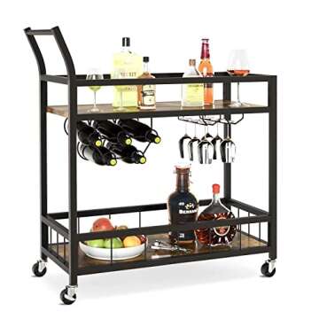 JUMMICO Bar Cart Industrial Home Mobile Wine Cart Serving Bar Cart on Wheels with Storage Shelves Wine Rack and Glass Holder for Living Room, Kitchen, Corridor, Hallway,Black