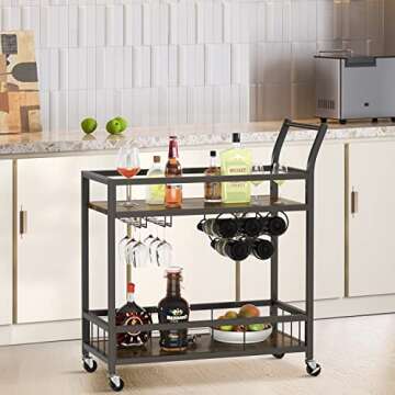 JUMMICO Bar Cart Industrial Home Mobile Wine Cart Serving Bar Cart on Wheels with Storage Shelves Wine Rack and Glass Holder for Living Room, Kitchen, Corridor, Hallway,Black