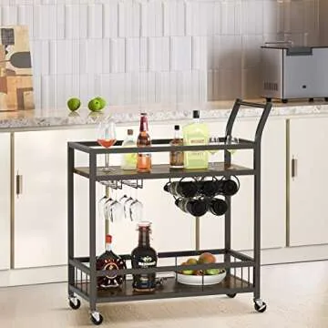 JUMMICO Bar Cart Industrial Home Mobile Wine Cart Serving Bar Cart on Wheels with Storage Shelves Wine Rack and Glass Holder for Living Room, Kitchen, Corridor, Hallway,Black