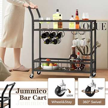 JUMMICO Bar Cart Industrial Home Mobile Wine Cart Serving Bar Cart on Wheels with Storage Shelves Wine Rack and Glass Holder for Living Room, Kitchen, Corridor, Hallway,Black