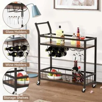 JUMMICO Bar Cart Industrial Home Mobile Wine Cart Serving Bar Cart on Wheels with Storage Shelves Wine Rack and Glass Holder for Living Room, Kitchen, Corridor, Hallway,Black