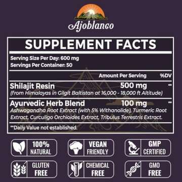 Ajoblanco 600mg Shilajit Pure Himalayan Organic Shilajit Resin - Himalayan Shilajit Resin with Organ...
