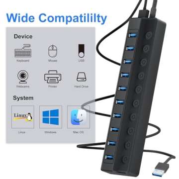 ONFINIO Powered USB Hub 3.0, 10-Port USB Splitter Hub with Individual On/Off Switches and 12V/2A Power Adapter USB Extension