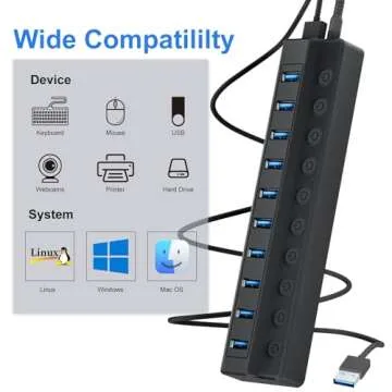 ONFINIO Powered USB Hub 3.0, 10-Port USB Splitter Hub with Individual On/Off Switches and 12V/2A Power Adapter USB Extension