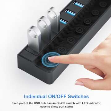 ONFINIO Powered USB Hub 3.0, 10-Port USB Splitter Hub with Individual On/Off Switches and 12V/2A Power Adapter USB Extension