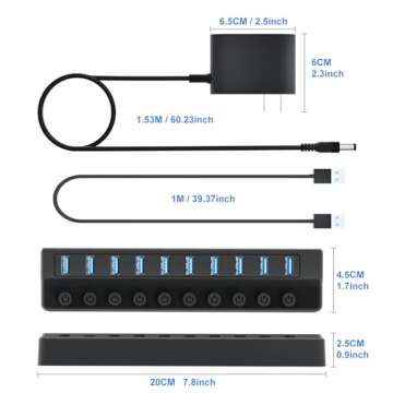 ONFINIO Powered USB Hub 3.0, 10-Port USB Splitter Hub with Individual On/Off Switches and 12V/2A Power Adapter USB Extension