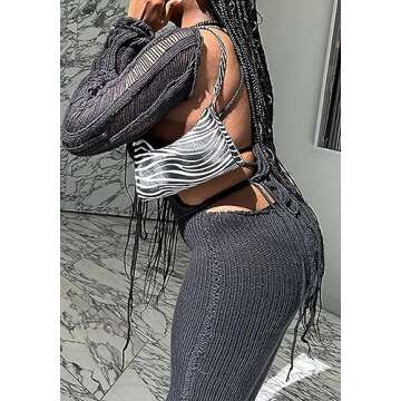 LETSVDO Women's Sexy Knit Ribbed Jumpsuit Bodycon Backless Hollow Halter Sweater Club One Piece Romper Outfits Stacked Pants