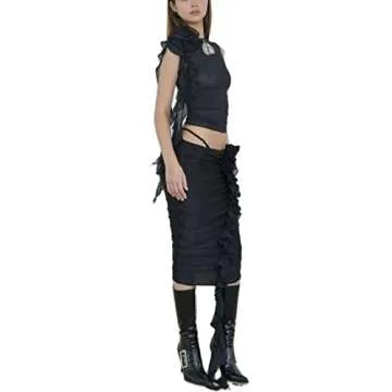 Sexy Tank Top for Women 3D Floral Tassels Ruffle Crop Top Y2K Slim Fitted Sleeveless Shirt Tee(A-Black Tank top,L)