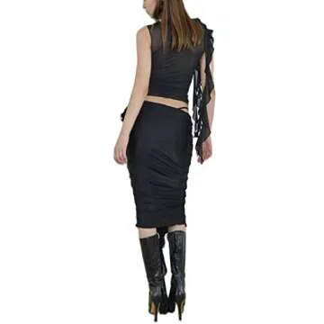 Sexy Tank Top for Women 3D Floral Tassels Ruffle Crop Top Y2K Slim Fitted Sleeveless Shirt Tee(A-Black Tank top,L)