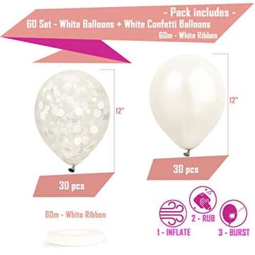 Dandy Decor 60 Pack White Balloons + White Confetti Balloons w/Ribbon | Latex Balloons 12 Inch | Bal...