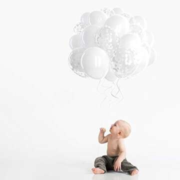 Dandy Decor 60 Pack White Balloons + White Confetti Balloons w/Ribbon | Latex Balloons 12 Inch | Balloon White | Bridal Shower Balloons | Wedding Balloons | Round Balloons | White Party Decorations |