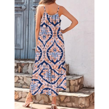 Dokotoo Sun Dresses Women Summer Casual Maxi Dresses Scoop Neck Boho Beach Dress Sleeveless Spaghetti Strap Sexy Dress Ruffle A Line Flowy Dresses Large Blue