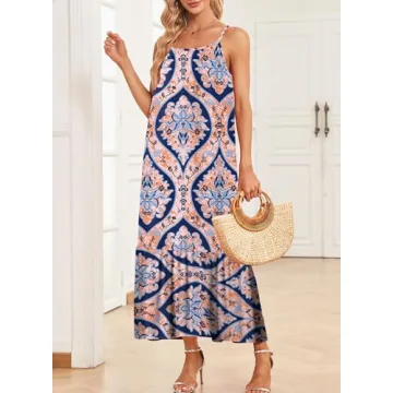Dokotoo Sun Dresses Women Summer Casual Maxi Dresses Scoop Neck Boho Beach Dress Sleeveless Spaghetti Strap Sexy Dress Ruffle A Line Flowy Dresses Large Blue