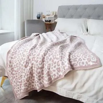 Jazzco Soft Fuzzy Fluffy Plush Blanket Leopard Knitted Throw Blanket,Cozy Fleece Comfy Microfiber Blanket for Couch Sofa Bed,Stone/Cream