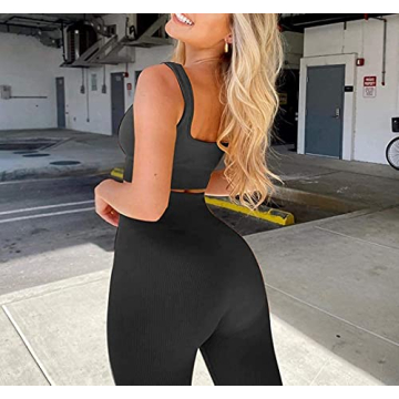 TWFRHC Women's Ribbed Seamless High Waist Gym Set