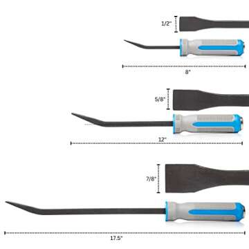NEIKO 00251A Pry Bar, 3 Piece Angled Tip Pry Bar Set, 8", 12" & 17.5" Crow Bar with Go Through Striking Cap, Textured TPR Breaker Bar Handles, Heavy Duty Black Oxide Coated Chromium Steel Small PryBar