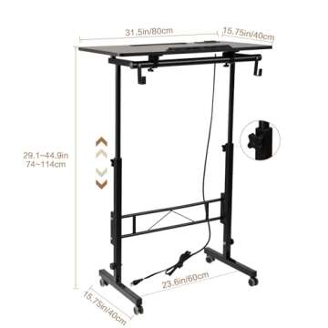 SIDUCAL Mobile Stand Up Desk, Adjustable Laptop Desk with Wheels, Storage Desk Home Office Workstation, Rolling Table Laptop Cart for Standing or Sitting, Black