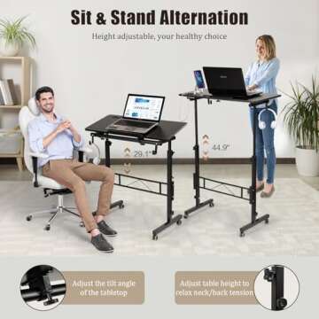 SIDUCAL Mobile Stand Up Desk, Adjustable Laptop Desk with Wheels, Storage Desk Home Office Workstation, Rolling Table Laptop Cart for Standing or Sitting, Black
