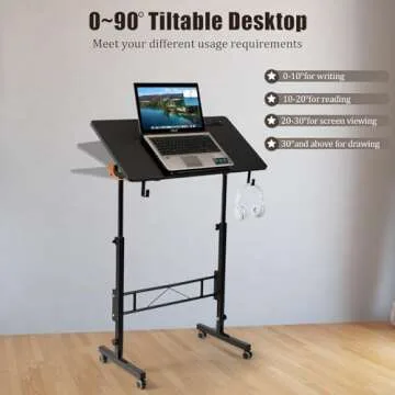 SIDUCAL Mobile Stand Up Desk, Adjustable Laptop Desk with Wheels, Storage Desk Home Office Workstation, Rolling Table Laptop Cart for Standing or Sitting, Black