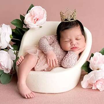 Pink Lace Infant Girl Photography Outfit - Pearl Lace Romper and Headband for Newborn Photoshoots (Long Sleeve, 0-2 Months)