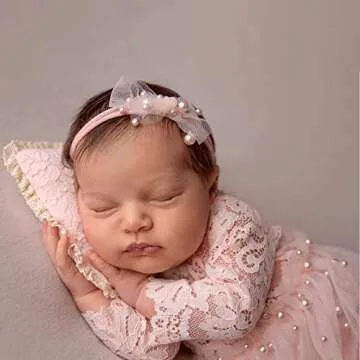 Pink Lace Infant Girl Photography Outfit - Pearl Lace Romper and Headband for Newborn Photoshoots (Long Sleeve, 0-2 Months)