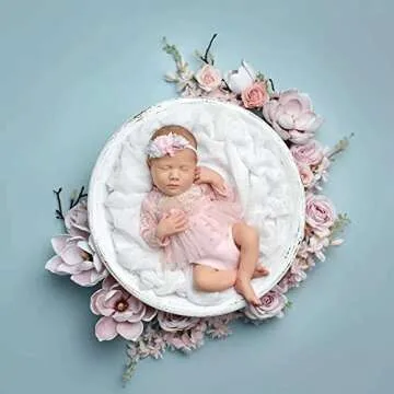 Pink Lace Infant Girl Photography Outfit - Pearl Lace Romper and Headband for Newborn Photoshoots (Long Sleeve, 0-2 Months)
