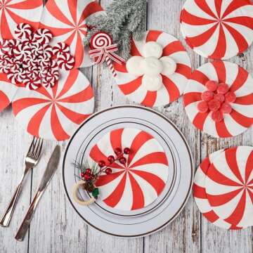 100Pcs Christmas Paper Napkins Peppermint Candy Disposable Napkins Round Lollipop Xmas Candy Party Tableware Decor Red White Cocktail Napkins for Winter Holiday Dinner Party Supplies