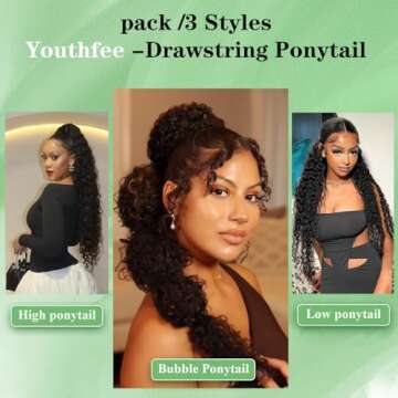 Youthfee 27” Drawstring Ponytail Deep Curly Heat Resistant Synthetic Instant Clip Ponytail Extension Protective Style Afro Kinky Curly Hair Pieces for Women