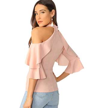 ROMWE Women's Cute Cold Shoulder Ruffle Half Sleeve Slim Fit Blouse Tops Pink Medium